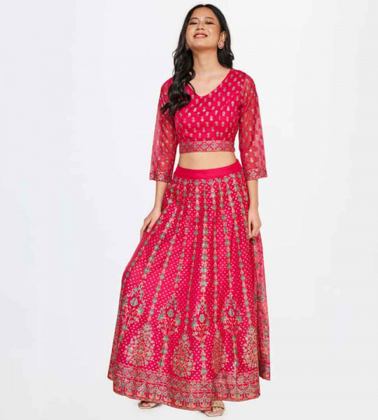 GLOBAL DESI Women Floral Printed Blouse with Lehenga