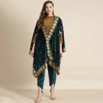 Women Teal Green Velvet Foil Print Cape Jacket