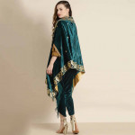 Women Teal Green Velvet Foil Print Cape Jacket