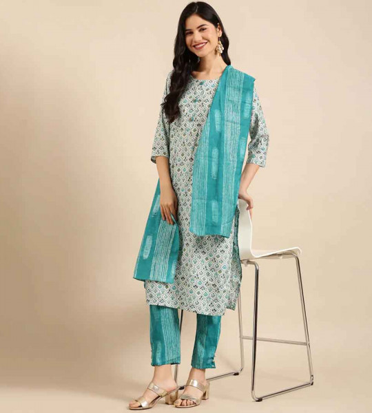 Turquoise Kurta Pant Set With Dupatta